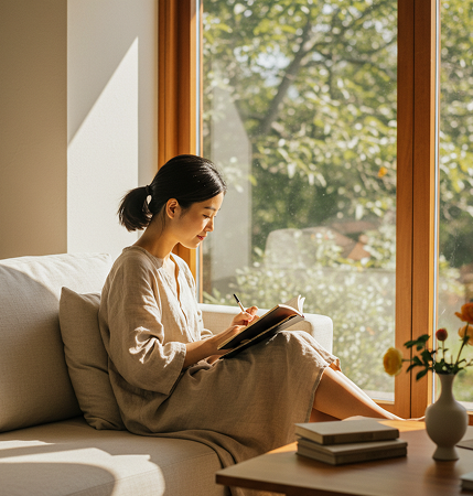 Woman sitting by a sunlit window reading the Synovial Space Diagnostic materials, beginning her journey of self-assessment