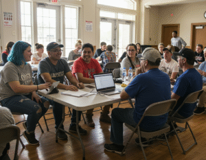 Groups of people in a cowering space.