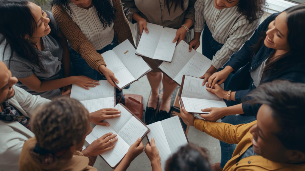 Overhead view of a diverse group of people sitting in a circle, each holding open notebooks, engaged in collaborative discussion during a group workshop.