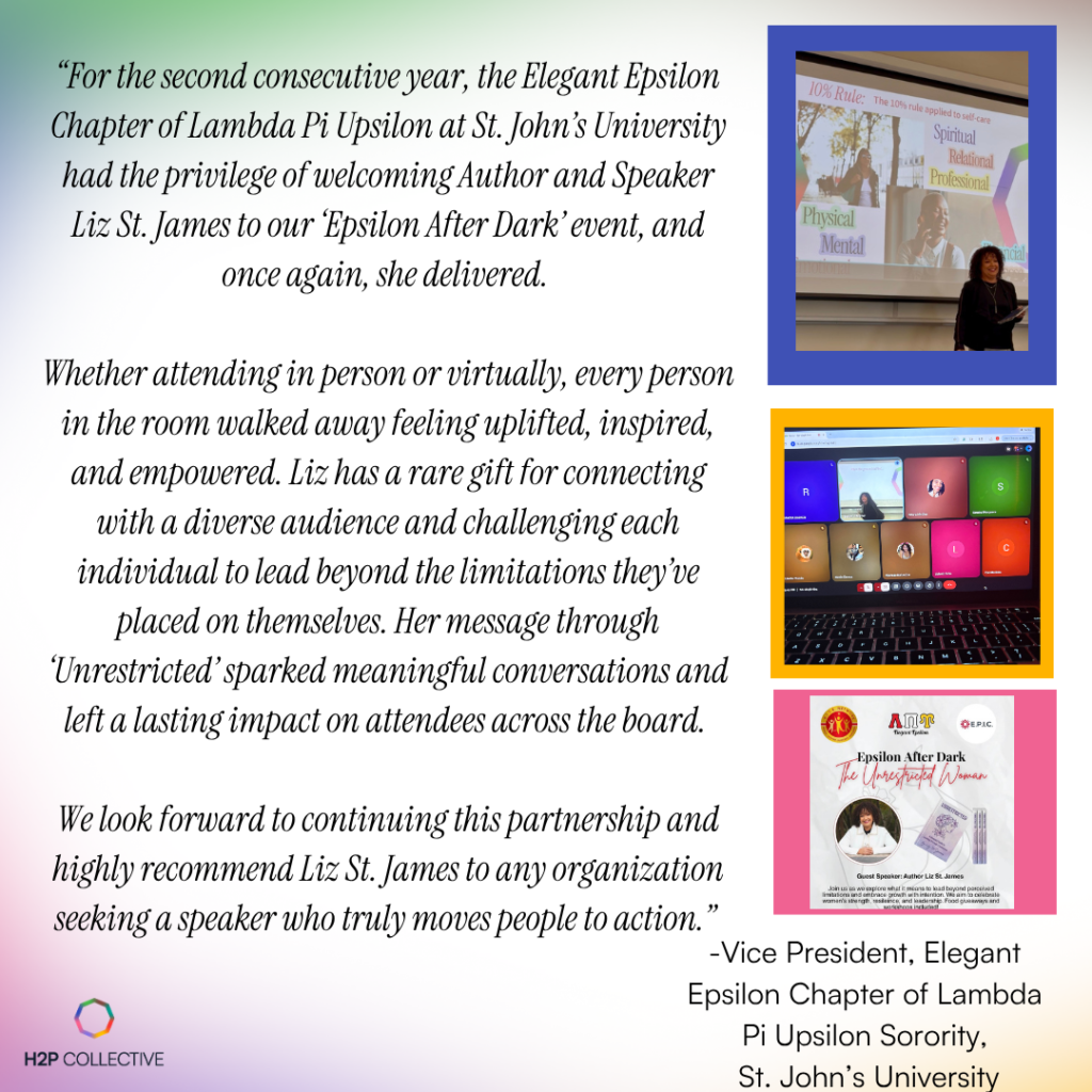 Testimonial card with a quote from the Vice President of the Elegant Epsilon Chapter of Lambda Pi Upsilon at St. John's University, with photos of Liz St. James speaking on the eight-pillar framework, a virtual attendee grid, and the event flyer.
