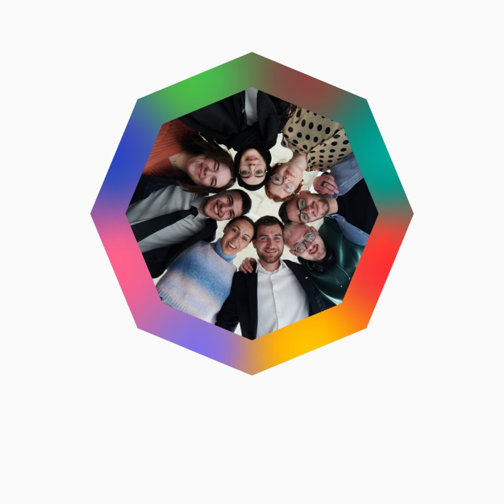 A team of professionals in a close huddle viewed from below, framed in the H2P Collective eight-pillar octagonal gradient border, representing organizational team facilitation.