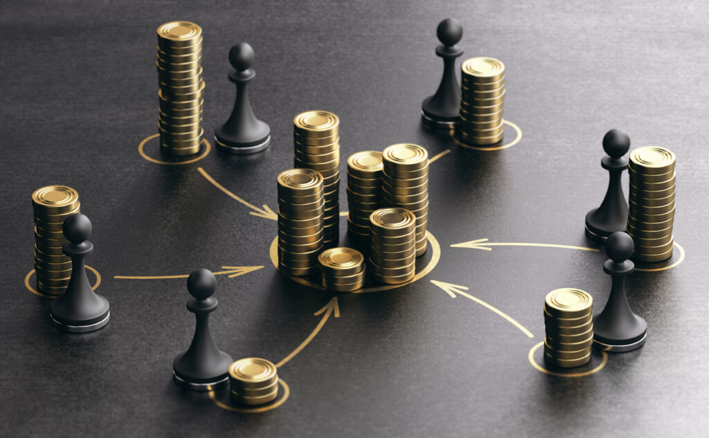 Black chess pawns and stacks of gold coins arranged on a dark surface with gold arrows drawn between them pointing toward a larger central stack, representing strategic resource allocation and financial planning. Used as the featured image for H2P Collective week 12 insights blog post.