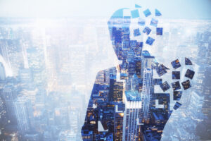 Profile silhouette of a person filled with city imagery, with pieces breaking away from the head into the sky, representing the gap between an outdated identity and the transformed person who has emerged.