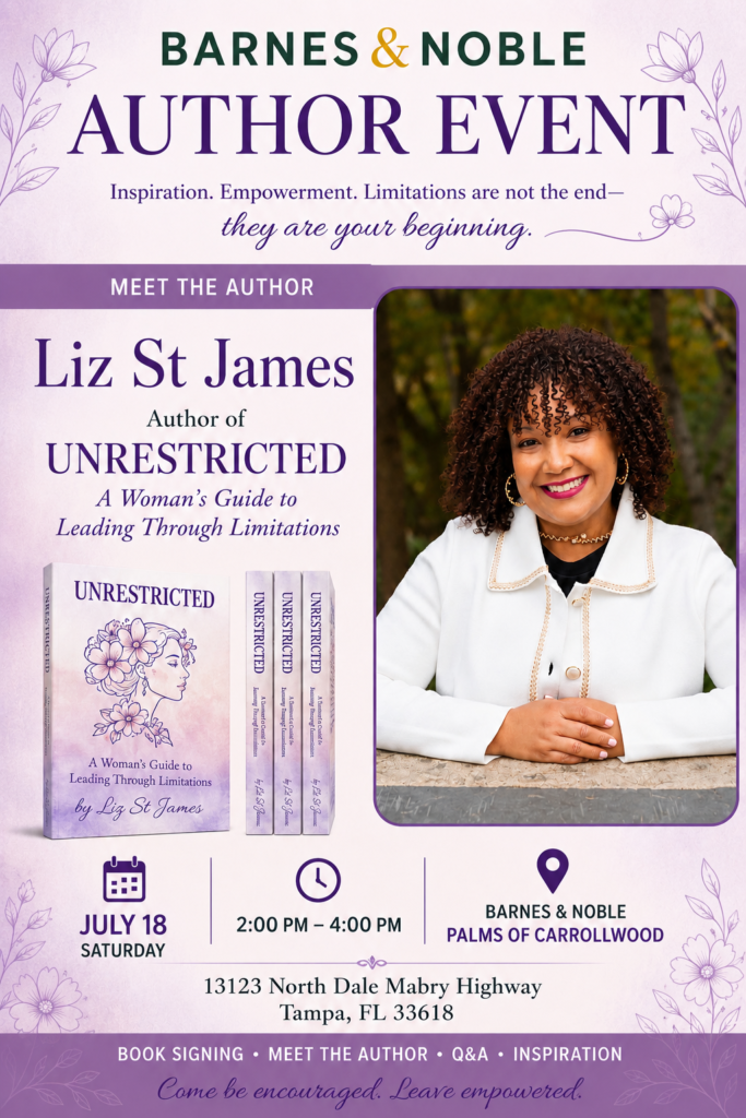 Barnes & Noble Author Event flyer for Liz St. James, author of Unrestricted — July 18, 2–4 PM, Palms of Carrollwood, Tampa
