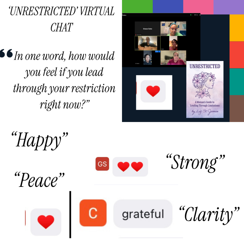 Recap graphic for the "Unrestricted" Virtual Chat — a video-call grid, the book Unrestricted, and one-word responses like Happy, Peace, and Strong