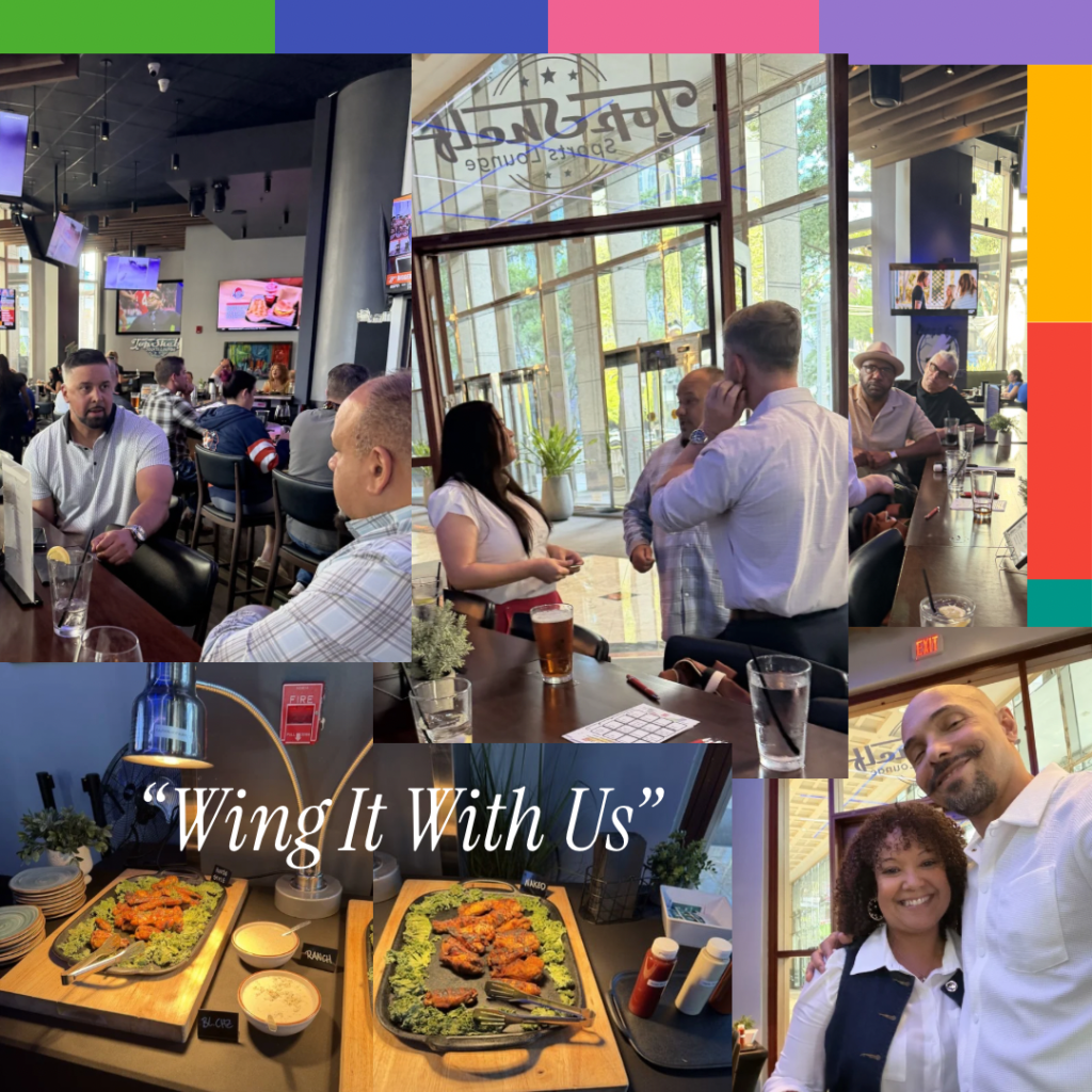 Collage from the "Wing It With Us" networking event — guests mingling at a sports lounge, a wings buffet, and Raphael and Liz St. James