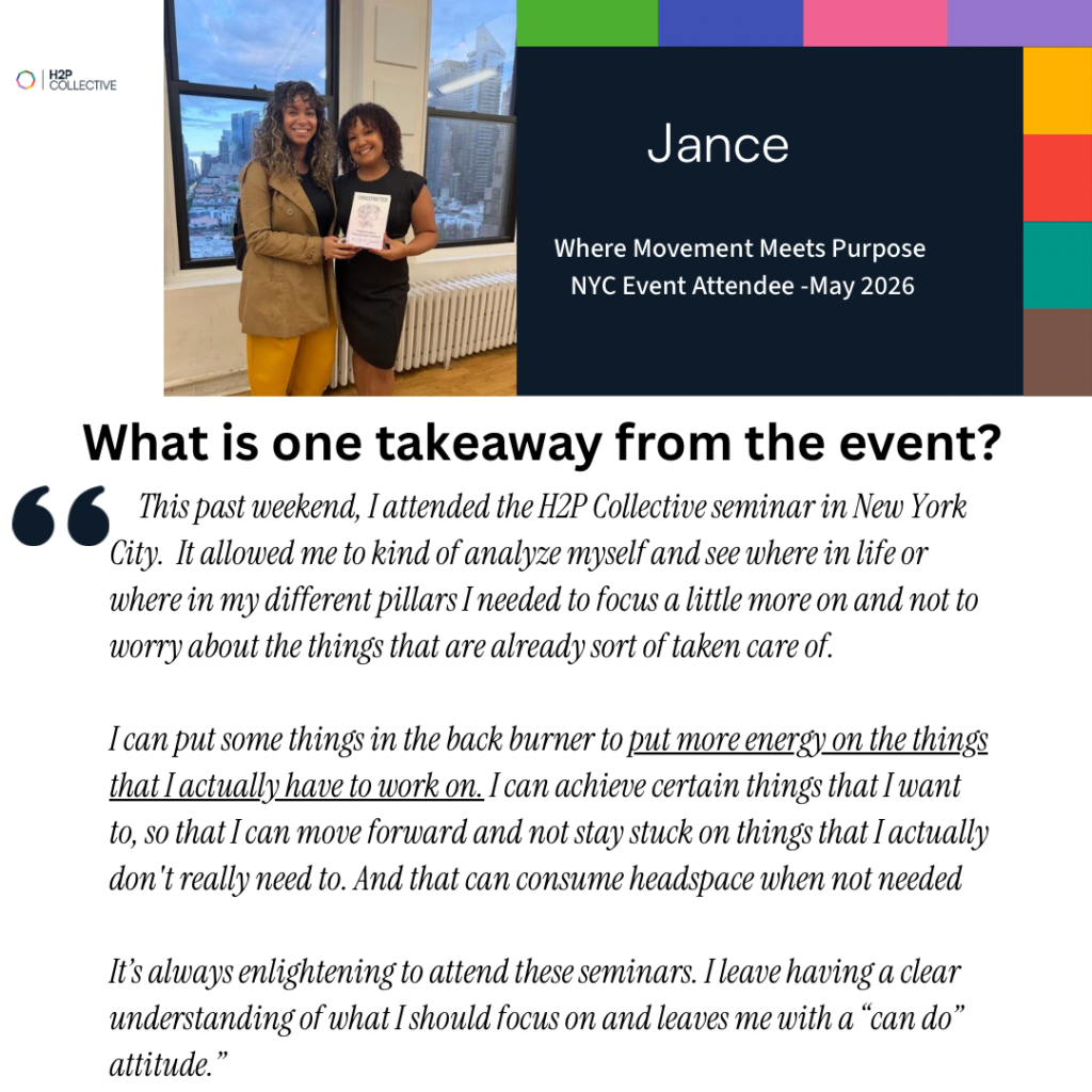 Testimonial card with a photo of Liz St. James and attendee Jance by a window; Jance shares her takeaway from the Where Movement Meets Purpose NYC event, May 2026