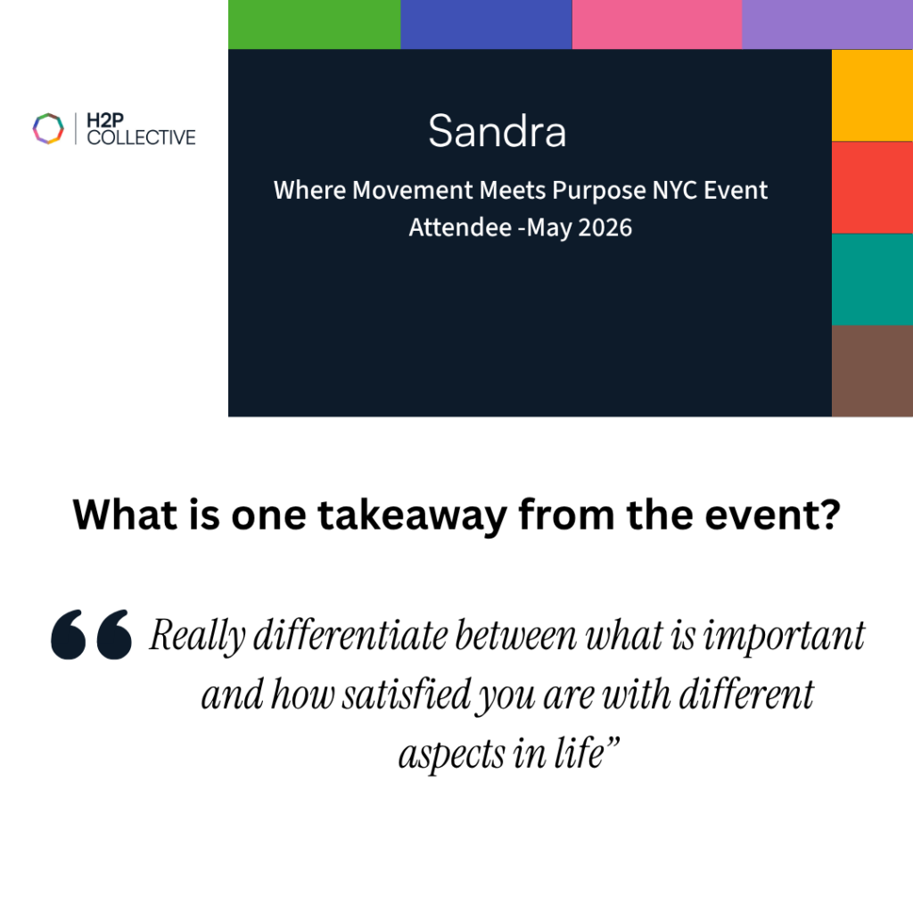 Testimonial card from Sandra, Where Movement Meets Purpose NYC event attendee, May 2026, on separating what's important from how satisfied she is in each area of life